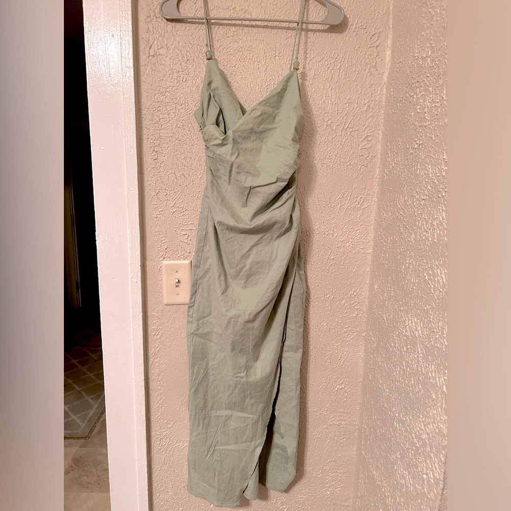 Zara Ruched Linen Blend Midi Dress Sea Green Size XS - Picture 4 of 11
